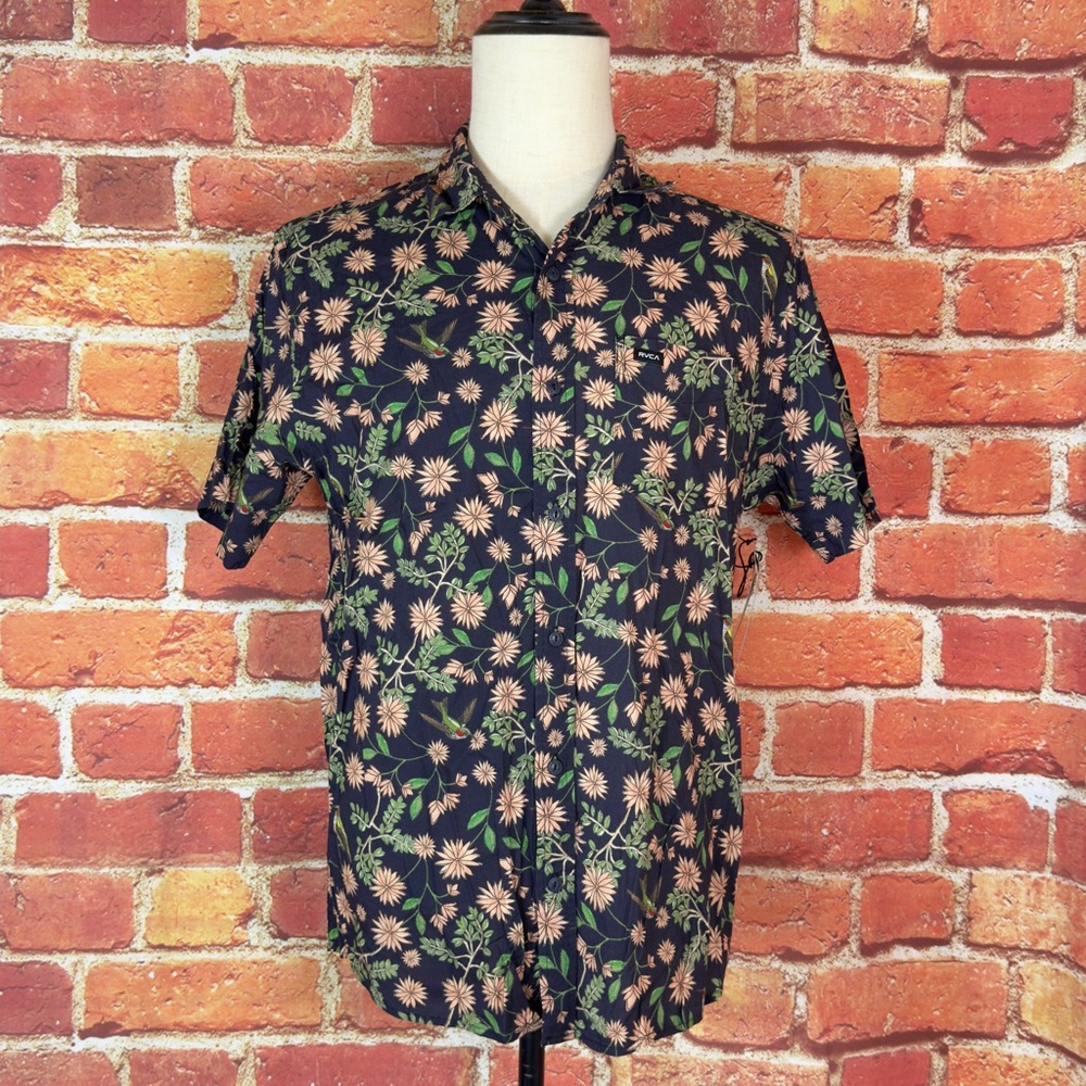 RVCA Men's Floral Button Down Short Sleeve Shirt Navy and Green Mens size Medium